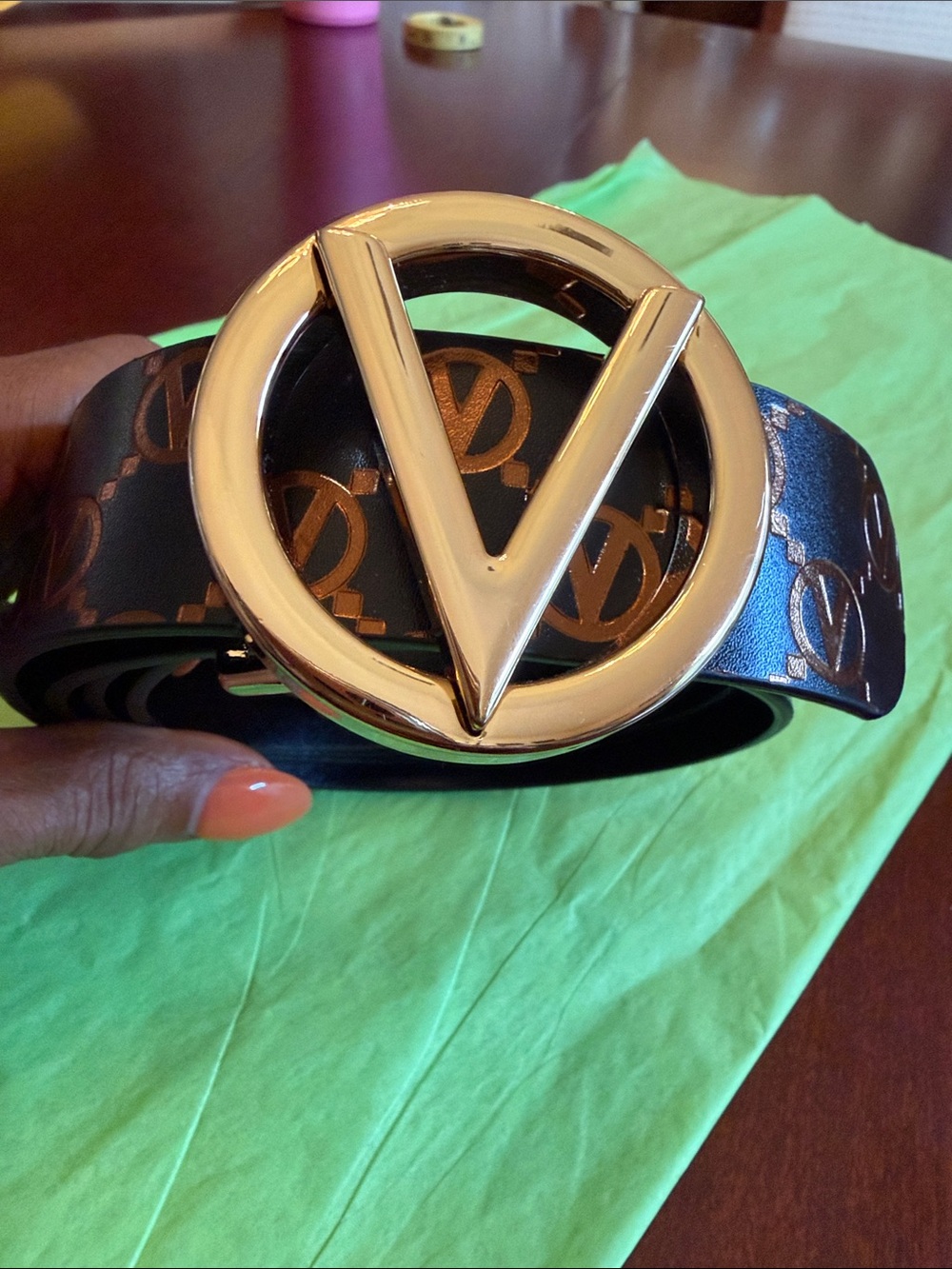 Mario Valentino Black Logo Belt with Gold V Buckle